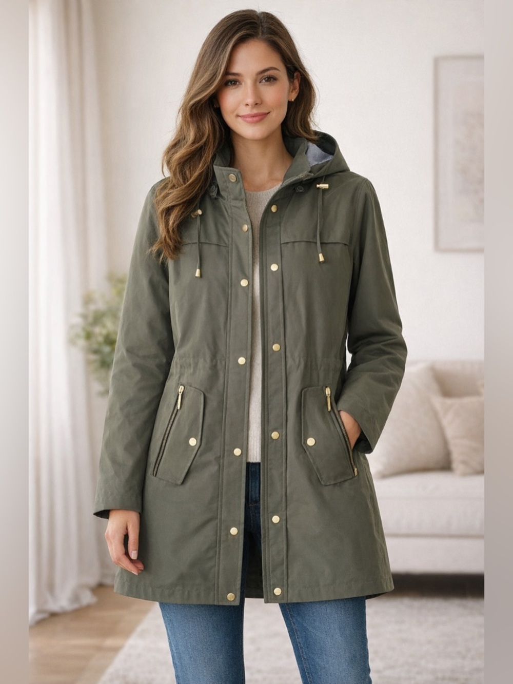 Weatherproof Women's Anorak, Hooded Jacket, Olive Green, XS, Cinch Waist